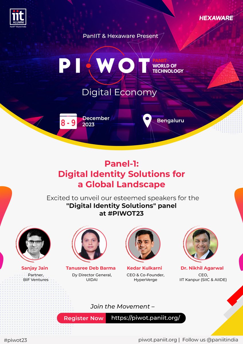 Pan IIT Alumni India (@paniitindia) on Twitter photo Unlock the future of digital identity!
Join #PIWOT23 on Day 1 in the "Digital Identity Solutions for a Global Landscape" panel with:
-Sanjay Jain (<a href="/snjyjn/">Sanjay Jain</a>), Partner, <a href="/bharat_fund/">Bharat Innovation Fund</a>
-Dr Nikhil Agarwal, CEO, <a href="/IITKanpur/">IIT Kanpur</a> (SIIC & AIIDE)
-Kedar Kulkarni, CEO & Co-Founder - <a href="/HyperVerge/">HyperVerge</a> Unlock the future of digital identity!
Join #PIWOT23 on Day 1 in the "Digital Identity Solutions for a Global Landscape" panel with:
-Sanjay Jain (<a href="/snjyjn/">Sanjay Jain</a>), Partner, <a href="/bharat_fund/">Bharat Innovation Fund</a>
-Dr Nikhil Agarwal, CEO, <a href="/IITKanpur/">IIT Kanpur</a> (SIIC & AIIDE)
-Kedar Kulkarni, CEO & Co-Founder - <a href="/HyperVerge/">HyperVerge</a>
