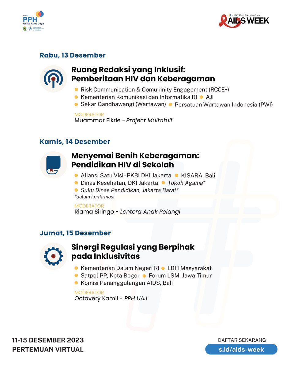 AIDS Week 2023

What We Talk About When We Talk About HIV AIDS? Mari bergabung dalam diskusi penghapusan stigma dan diskriminasi terhadap orang dengan HIV di lingkungan sekolah, pemberitaan media, lingkup kerja, dan penegakkan regulasi! Daftar sekarang s.id/aids-week
