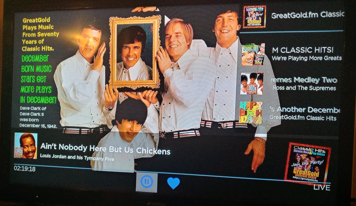 TheGaryMorgan's tweet photo. THE GREATGOLD CLASSIC HITS INTERNET AUDIO STREAM HOST LIVE365 CAN NOW BE ADDED TO ROKU INSIDE THE ROKU TV APP AND SEEN ON A BIG TV SCREEN. This is a screenprint of an actual December, 12-4-2023 image on a 50 inch TV screen. Or, listen online at https://t.co/5D3h0d3T6Q as usual. https://t.co/hnIFmW0ppu