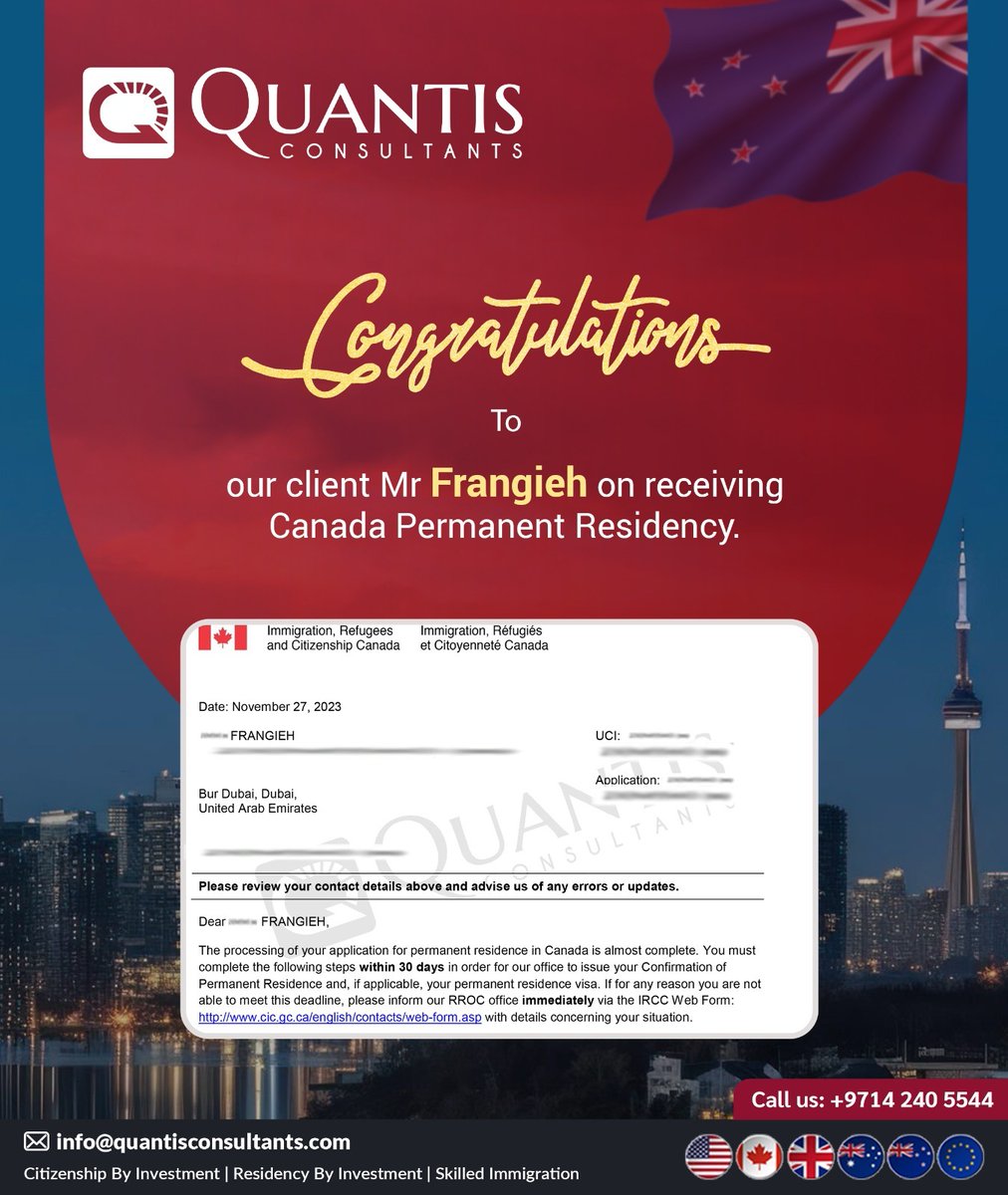 QuantisUAE's tweet image. Congratulations to our client Mr Frangieh on receiving Canada Permanent Residency.

Call us at: 📲+971 4 240 5544 
📩info@quantisconsultants.com 
or visit: bit.ly/3jKNd2O

#QuantisConsultants #immigration #visa #immigrants #citizenship #immigrationlaw #migration #visas