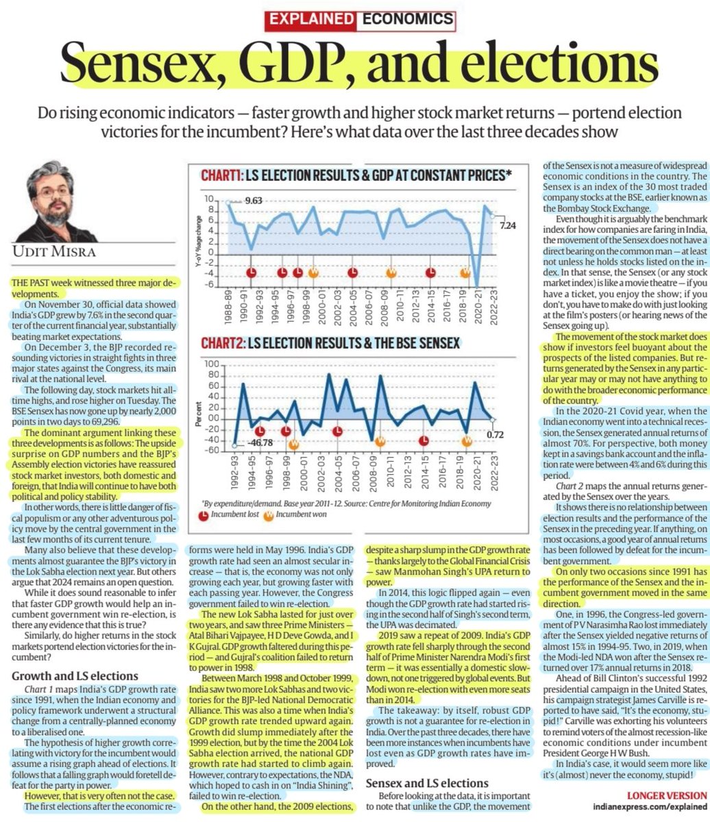 imRavikantYadav's tweet photo. 'Sensex, GDP, and Election'
:The Chronology & Interplay, well explained by Sh Udit Misra
@ieuditmisra
#Sensex #GDP #Elections
#Growth #Incumbency
#stockmarkets
#ElectionResults
#economy
Source: IE https://t.co/Zxc0M4vNbm