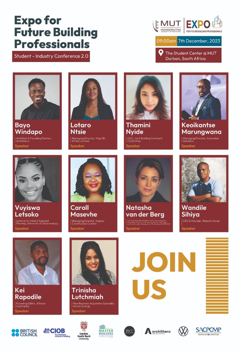 africancontract's tweet photo. Join the EXPO for Future Building Professionals on all talks building and construction. Founder of African Contractor, Kei Rapodile will be one of the speakers. The Student-Industry Conference 2.0 takes place on 7th Dec 2023, 09:00am @MUTCampus.
#AfriCon
#KorantaYaMakontraka https://t.co/4kEyfaQ4K0