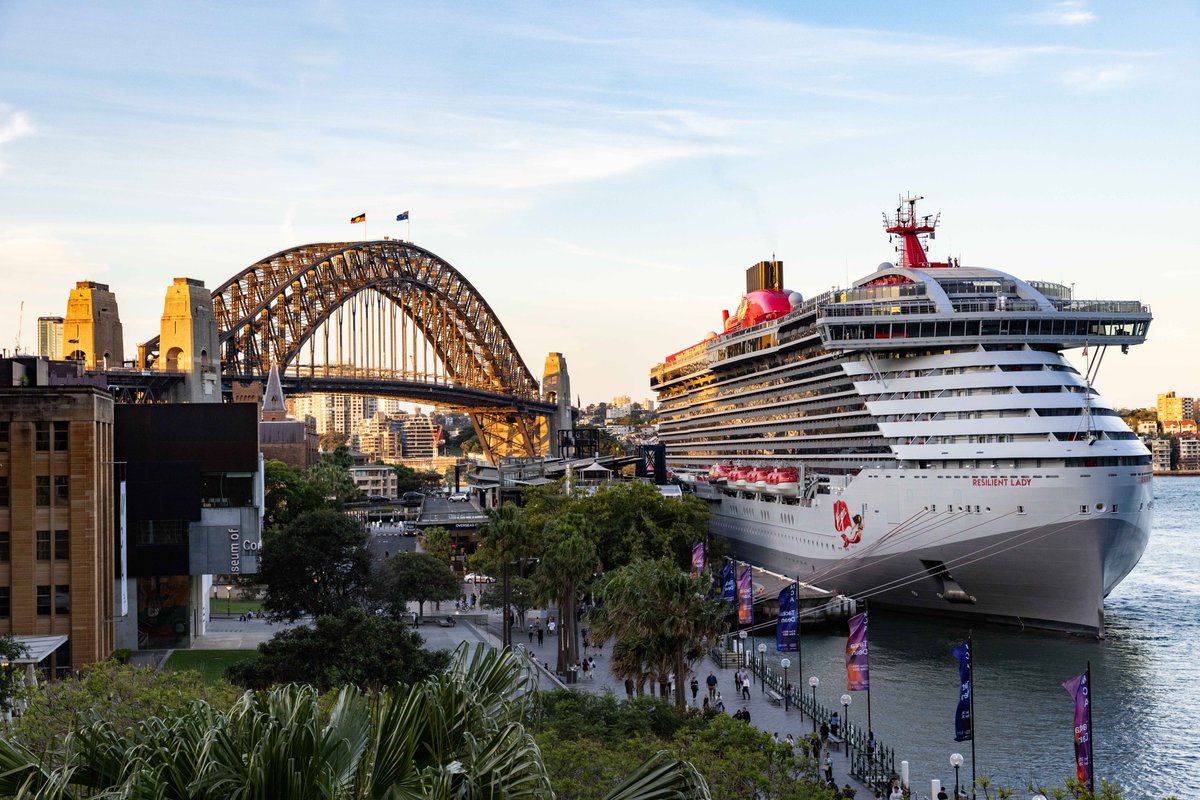 richardbranson's tweet photo. It was just brilliant to climb up the Sydney Harbour Bridge in time to see the ship dock at the port, and the sun began to set. Here’s all the wonderful journeys you can take with Virgin Voyages Down Under: https://t.co/UL6If6Whc4 https://t.co/pFJL1tSgbG