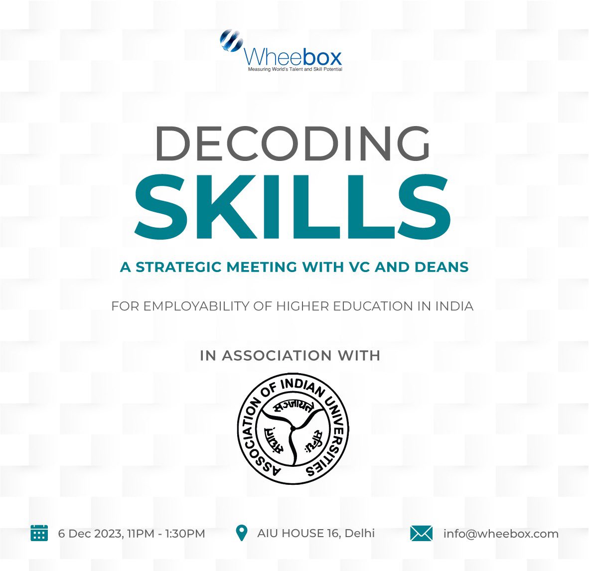 Wheebox (@mywheebox) on Twitter photo "Decoding Skills" in association with <a href="/AIUIndia/">Association of Indian Universities (AIU)</a> is set to commence today.
We are gathering distinguished Vice-Chancellors and Deans, meticulously chosen by invitation, to delve into strategic discussions aimed at enhancing employability within higher education throughout India. "Decoding Skills" in association with <a href="/AIUIndia/">Association of Indian Universities (AIU)</a> is set to commence today.
We are gathering distinguished Vice-Chancellors and Deans, meticulously chosen by invitation, to delve into strategic discussions aimed at enhancing employability within higher education throughout India.