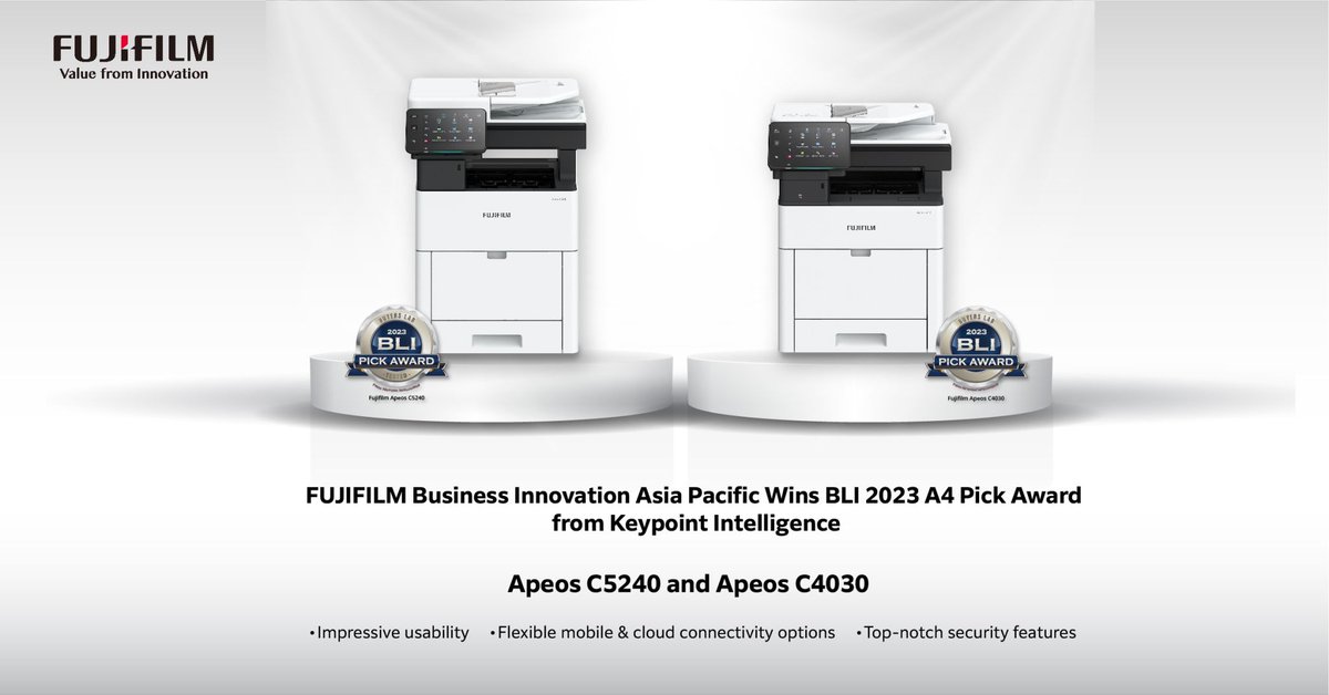 The ideal choice for small to mid-sized workgroups. Built with high reliability, to support hybrid workstyles and safe workflows. Check out the Buyers Lab (BLI) Award winning Apeos C5240 and Apeos C4030 multifunction printers now. bit.ly/497drpC