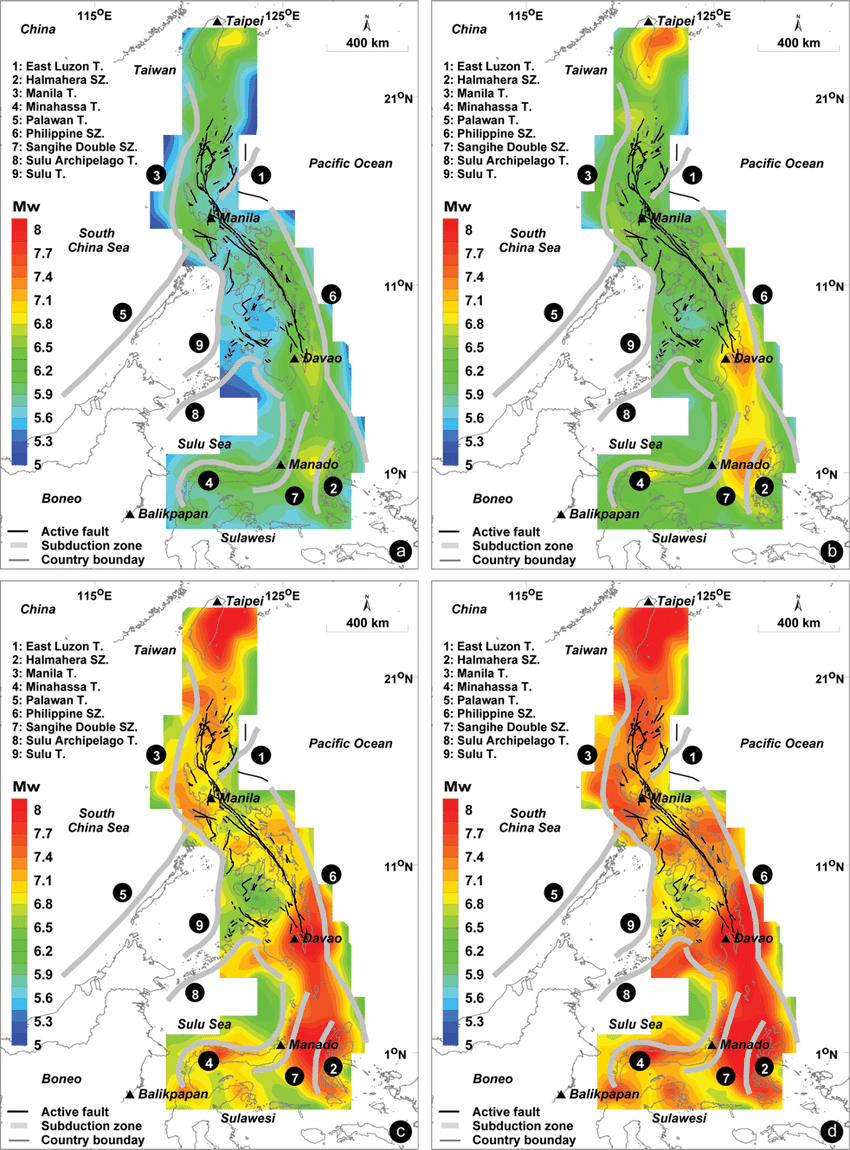Map of the Philippines Islands and the adjacent areas showing the maximum earthquake magnitude likely to be generated in each area in the next (a) 5, (b) 10, (c) 30 and (d) 50 years, respectively. 

#EarthquakePH 
#LindolPH 
#Lindol 
#LindolPatrol 

Source: Geosciences Journal