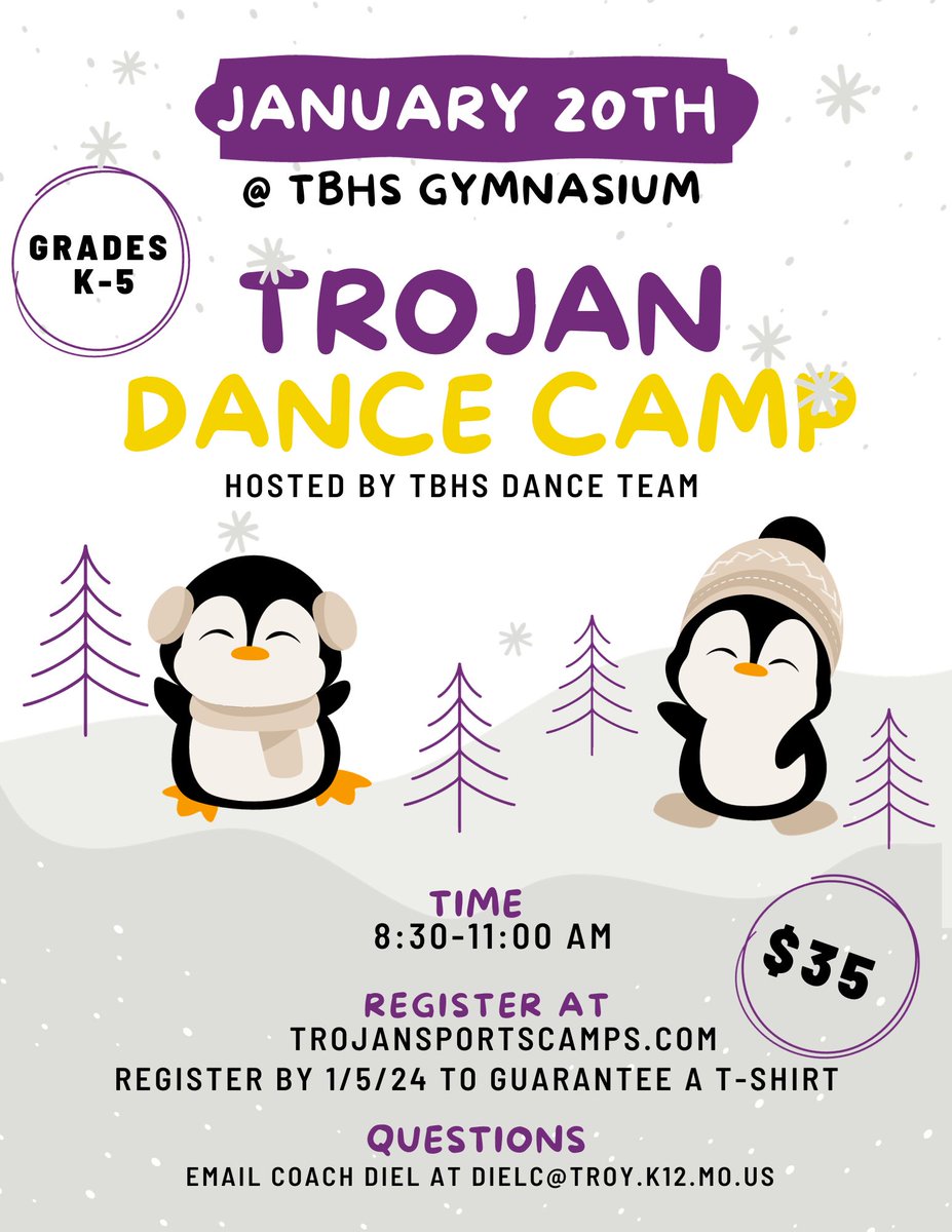 Come Dance with Us this Winter!! 
Register by January 5th to guarantee a shirt!! 
trojansportscamps.com/dance-camp-.cfm