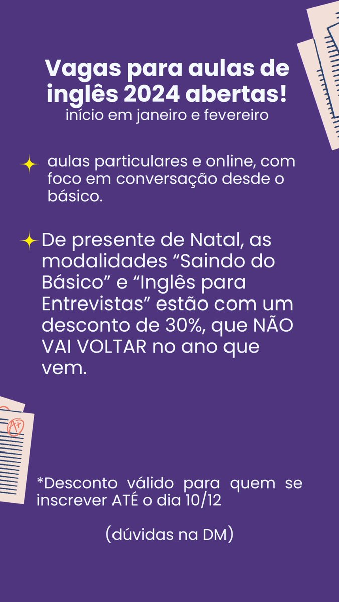 Minha namorada dividia casa com uma pessoa q começou trata-lá mal (inclusive com agressão verbal), ela acabou se mudando e agr a conta aumentou. Ela é professora de inglês e abriu vagas, então tô aqui divulgando. 
Pode dar o seu RT?!
Link para inscrição 👇
forms.gle/1JPLZfWhte3req