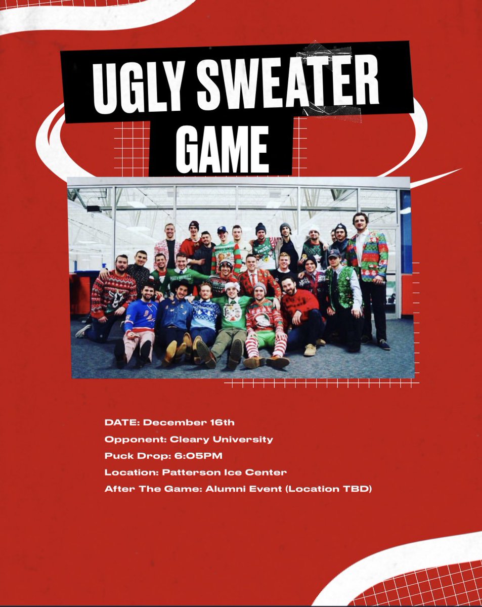 ATTENTION ALL ALUMNI:

We are doing our Ugly Sweater Game on December 16th against Cleary University! We will be having an Alumni event after the game! 

For more information please contact Phil Sweeney! 

#DUHockey #IWillWeWill