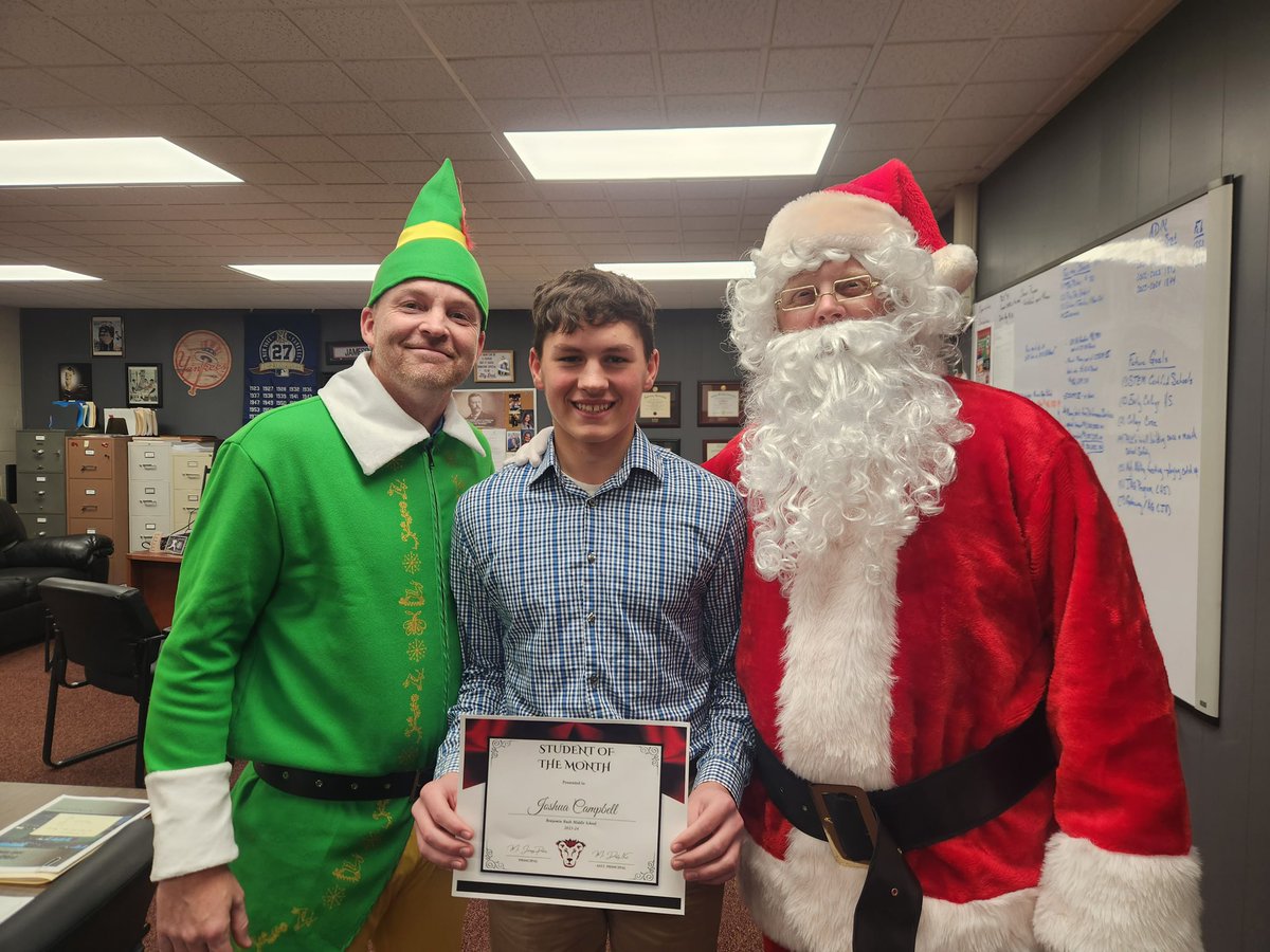 Congratulations to our student of the month, Josh Campbell who was recognized at the board meeting tonight with Santa and Buddy the Elf.