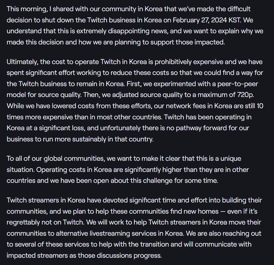 Twitch is ending support for ALL streaming in South Korea, effective February 27, 2024. In a letter to Korean streamers, Dan Clancy says, 'We will work to help Twitch streamers in Korea move their communities to alternative livestreaming services.' #TwitchNews