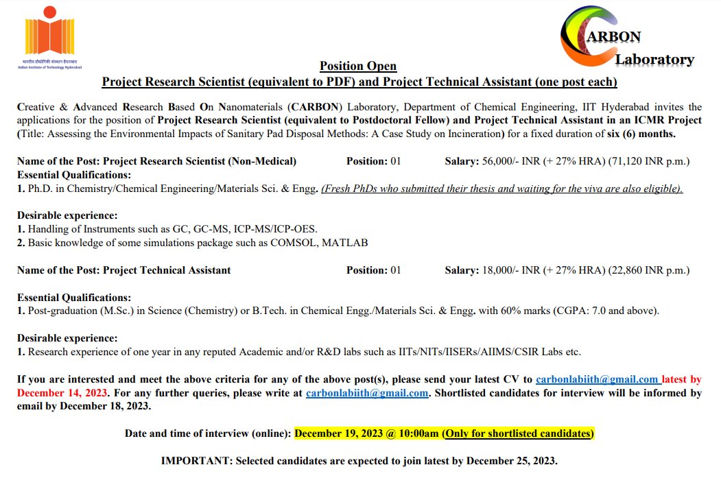 research project positions in india