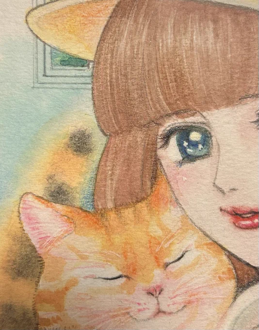永野のりこ先生の色紙ですこの絵は2年前のクラファングッズ用に描いてくださった少女と子猫ちゃんの「その後」こんなに美しく&大きく成長して  皆様からいただきました色紙は、来年2〜3月に #旧尾崎テオドラ邸 にて展示、チャリティーオークションをさせていただきます#色紙展 #山下和美