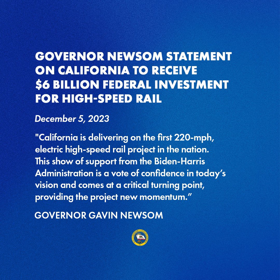 California is receiving $6 billion for high-speed rail from <a href="/WhiteHouse/">The White House</a>.

We're building the first 220-mph, electric high-speed rail project in the nation. This is a major vote of confidence and provides this project with new momentum.