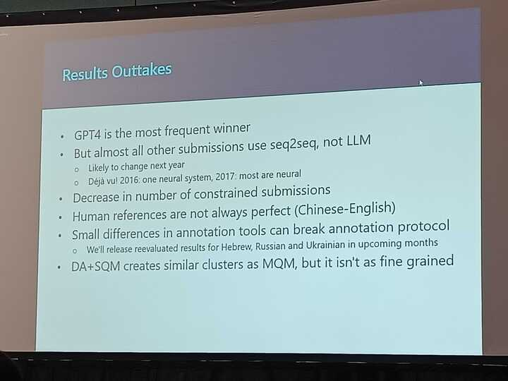 Findings from #WMT23
Our Chat4 friend is in the winning group across tasks
Most submissions still use from scratch training
Less constrained (low resource) submissions than before
More test suit submissions!
Low resource results TBD (tech issue)
#EMNLP2023 #WMT #neuralEmpty #LLMs