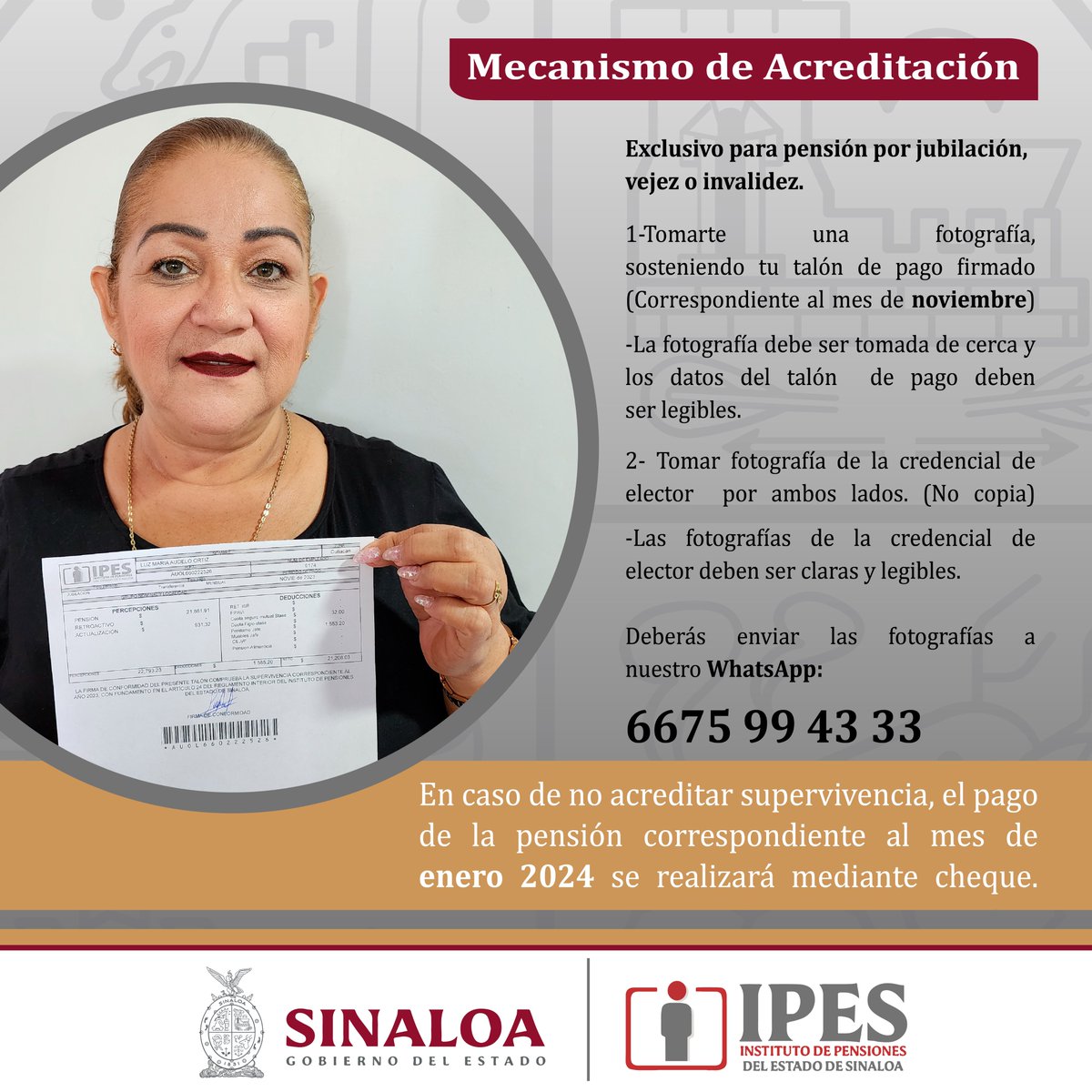 ipesgobmx's tweet photo. 🚨🚨🚨 AVISO ACREDITACIÓN DE SUPERVIVENCIA 🚨🚨🚨
CUALQUIER DUDA COMUNICARSE A LOS SIGUIENTES TELÉFONOS:

6675 994333
6675 995146

#AVISO #SINALOA #IPES https://t.co/dMVkrOQ68N