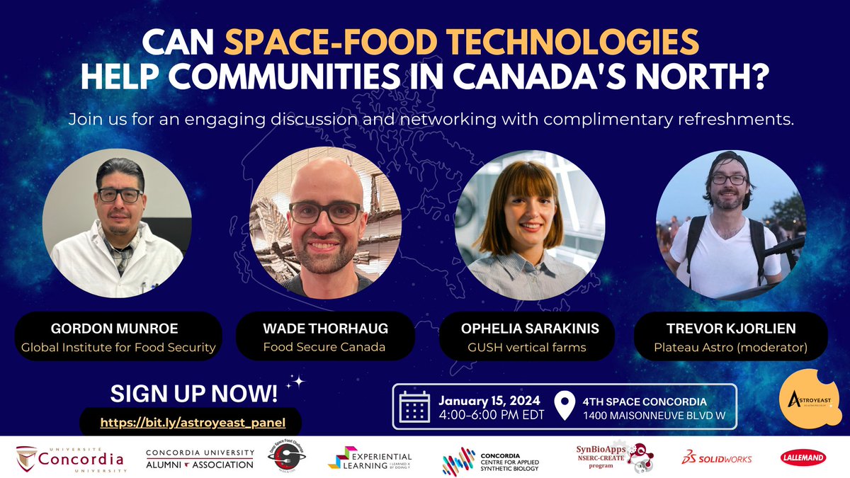 AstroYeast's tweet photo. Join us for an engaging panel discussion on food sovereignty &amp; security, Indigenous food systems, and sustainable agriculture!
🌟SIGN UP NOW🌟 https://t.co/79Tew7vbAR 🌟 
📅 January 15th, 4-6 PM @cu4thspace 
🚀 Moderated by @plateau_astro
@Concordia @DeepSpaceFood @SynBioAppsCU https://t.co/ooQQyAP7to