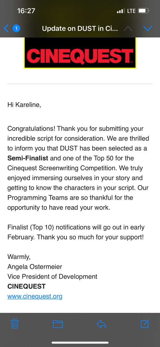 KGCastor5's tweet photo. Sweet. :) DUST is a semifinalist in @Cinequest!
#Cinequest #ScreenwritingTwitter #ShortScreenplay #Screenplay #horrorshort #horrorscript #creaturefeature https://t.co/7Tt52lRpap