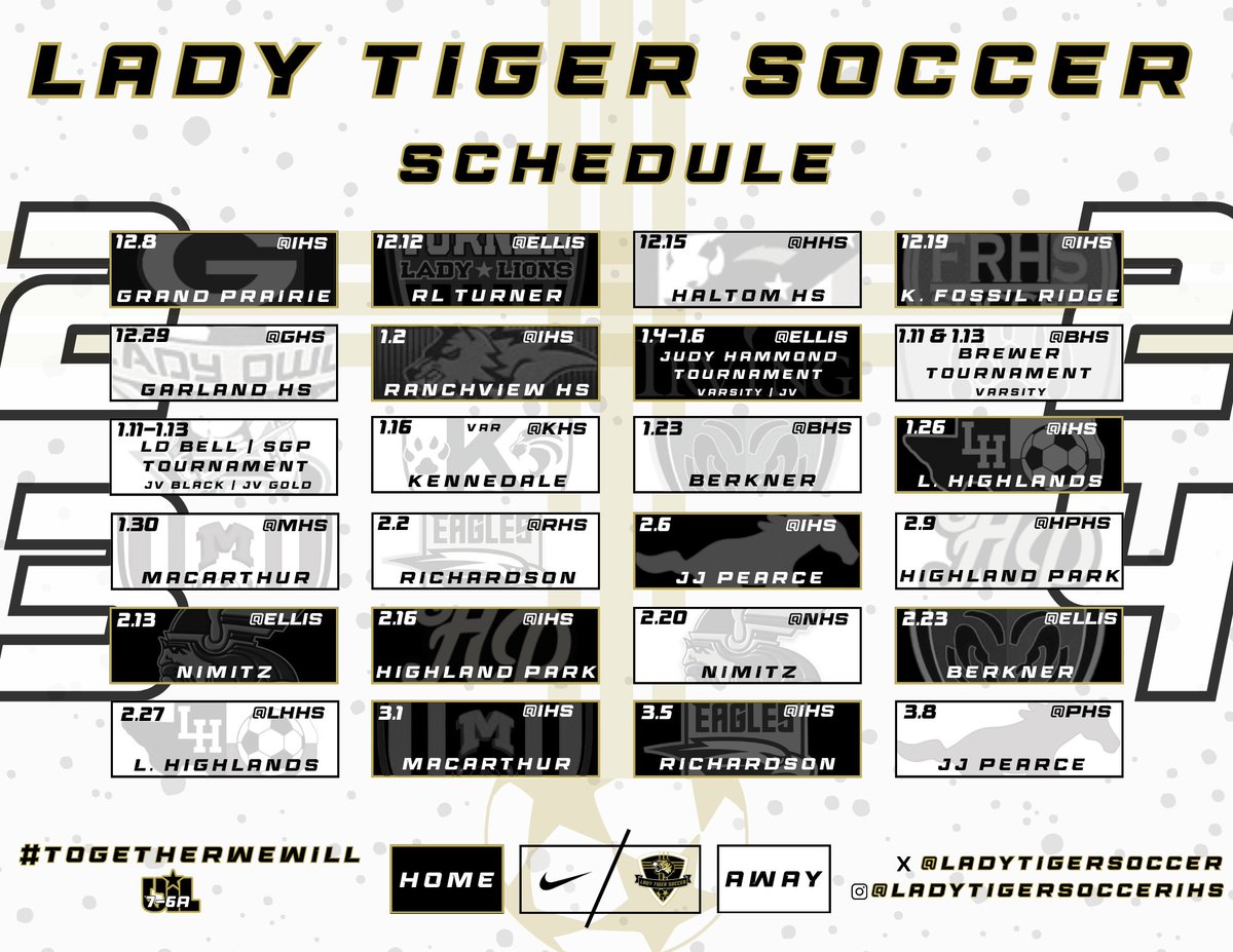Irving Lady Tiger Soccer (@ladytigersoccer) on Twitter photo ๐จ๐จ 2023-2024 Lady Tiger Soccer Schedule!! ๐จ๐จ
Stay tuned for Game times. Come catch a game! Looking forward to seeing y'all in the stands!
#TWW #LadtTigerSoccer
<a href="/coach_coronado7/">Matt Coronado</a> <a href="/IISDAthletics/">Irving ISD Athletics</a> <a href="/IrvingISD/">Irving ISD</a> <a href="/IrvingHigh/">Irving High School</a> <a href="/_BNick/">Brent Nickerson</a> <a href="/LethalSoccer/">Coach Duque</a> <a href="/tascosoccer/">TASCO</a> ๐จ๐จ 2023-2024 Lady Tiger Soccer Schedule!! ๐จ๐จ
Stay tuned for Game times. Come catch a game! Looking forward to seeing y'all in the stands!
#TWW #LadtTigerSoccer
<a href="/coach_coronado7/">Matt Coronado</a> <a href="/IISDAthletics/">Irving ISD Athletics</a> <a href="/IrvingISD/">Irving ISD</a> <a href="/IrvingHigh/">Irving High School</a> <a href="/_BNick/">Brent Nickerson</a> <a href="/LethalSoccer/">Coach Duque</a> <a href="/tascosoccer/">TASCO</a>