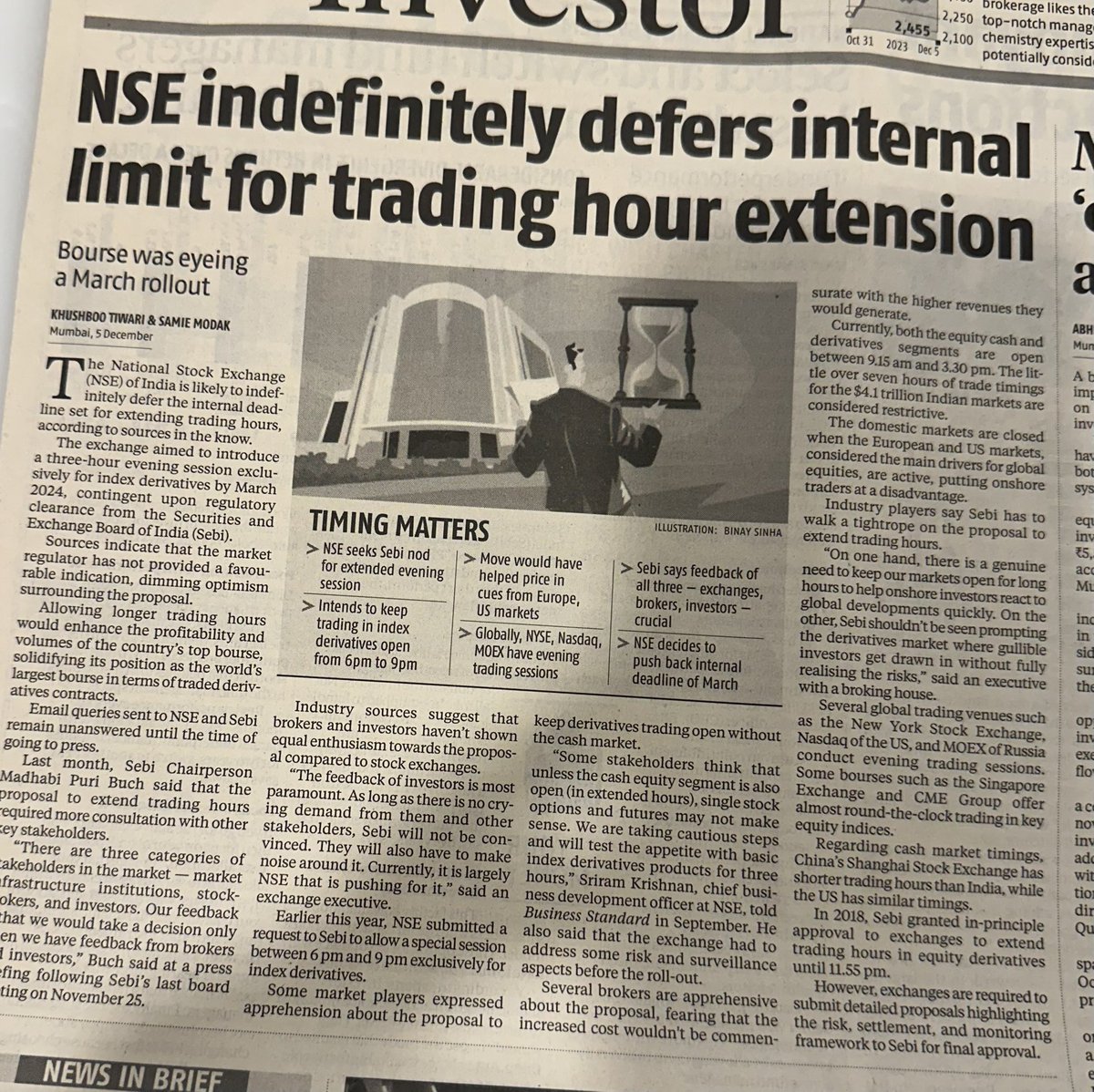 iamrakeshbansal's tweet photo. NSE is likely to indefinitely defer the internal deadline set for extending trading hours, according to sources in the know. https://t.co/dJQjenzwQI