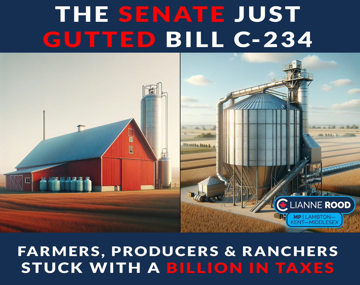 Lianne_Rood's tweet image. Bad news for farmers, producers and ranchers. The Liberal-appointed Senators just gutted Bill C-234 by passing a bill-killing amendment. This all but ensures that the bill will die a slow death in the House. The billion-dollar tax isn’t getting carved out. The impacts will be