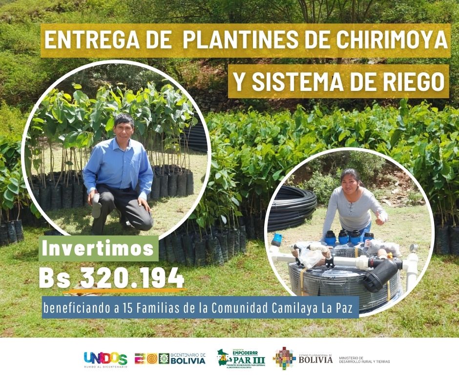 EmpoderarBo's tweet photo. A través de EMPODERAR - Programa Nacional de Frutas, entregamos un SISTEMA DE RIEGO y plantines de chirimoya a 15 familias de la Comunidad Camilaya. Una inversión total de 320,194 Bs. ¡Cultivando el futuro juntos! 💚🍈 #AgriculturaSostenible #EmpoderandoComunidades https://t.co/5qEFry0mHg