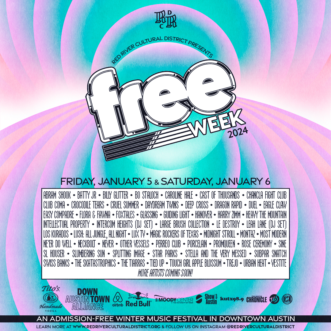 KUTX's tweet photo. Red River Cultural District's #FreeWeekATX is back, JAN 5 and 6! More than a dozen music venues in the district will host performances from your favorite local bands, and it's all free! The KUTX showcase is the 5th, with @shouserrr, promqueen, and Never indoors at @stubbsaustin! https://t.co/w0q4v0Qvop