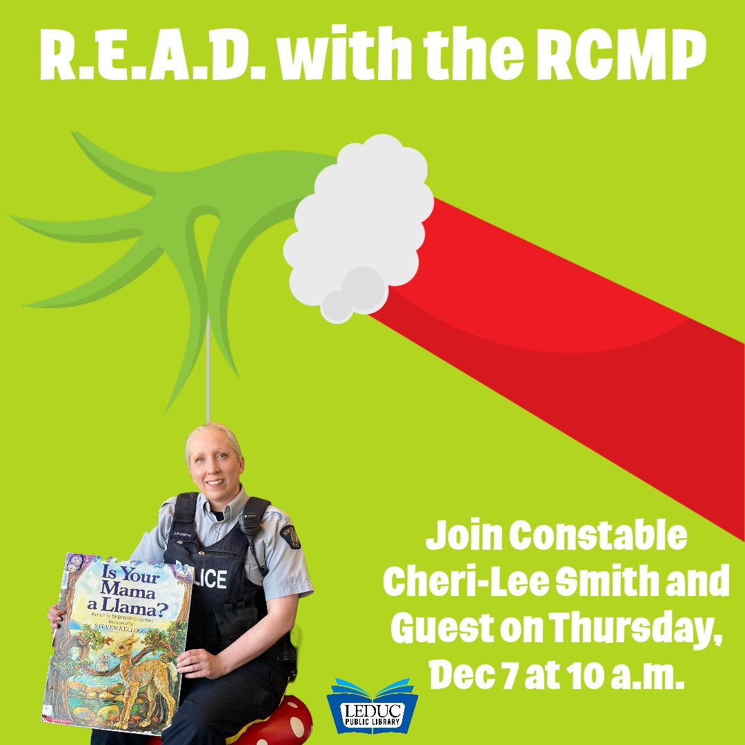 LeducLibrary's tweet photo. Join Constable Cheri-Lee Smith & Special Guest on Thursday, Dec 7 at 10!
Can you guess who her special guest will be?
#RCMP #leduccounty #leducalberta #leducab #toddlertime
#preschool #leduclibrary #librarylife #yeg
#libraryfun #leduc #toddlerlife #toddleractivities #toddler https://t.co/Qu2qI5ypRp