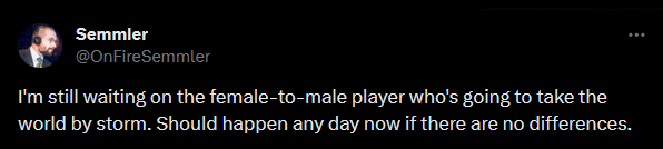 ilyachat's tweet image. theres a difference you dipshit

regular competition you get singled out for not being a cis-man &amp;amp; criticized

women/nb/marginalized genders events if you arent outwardly masculine/passing everyone just assumes ur a woman

let trans people exist and eat my fucking socks, asshole