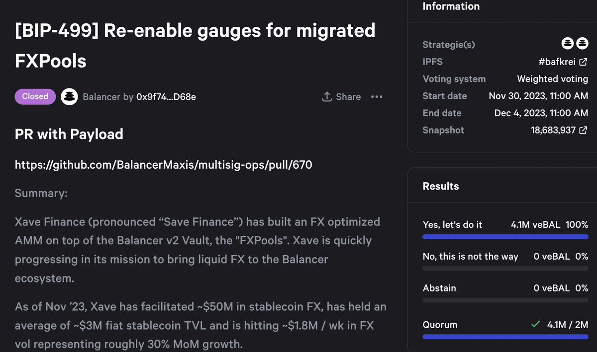 XaveFinance's tweet photo. Quorum reached!

Gauges activating shortly to re-enable BAL incentives, thank you to the #Balancer community for the continued support:

https://t.co/yyTsuaGyUv https://t.co/A3flJhhroM