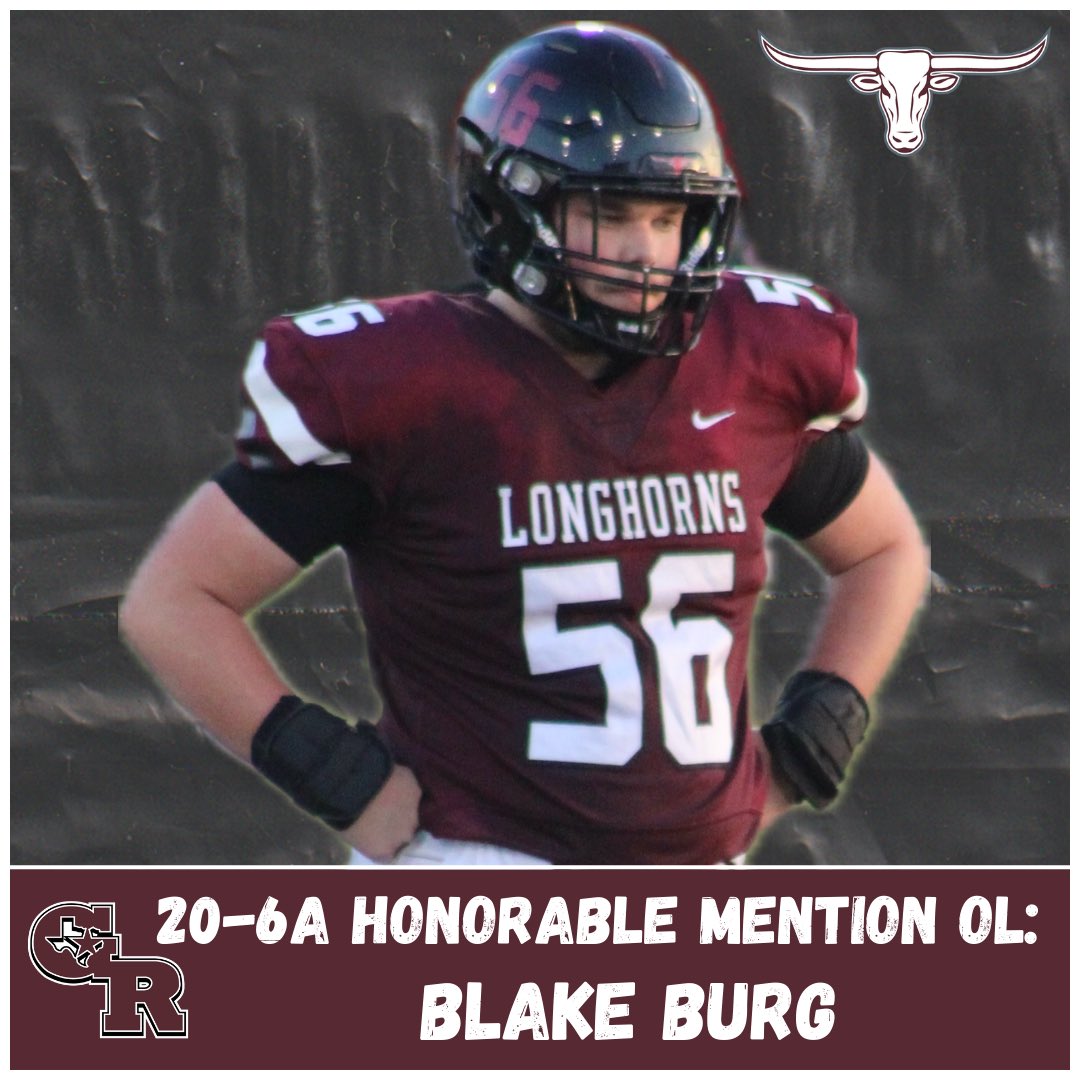 GRHS_Football's tweet photo. Congratulations to our very own Blake Burg on being awarded as District 20-6A Honorable Mention Offensive Line!

#HookEm @BlakeBurg06 https://t.co/ZHql8wya2o