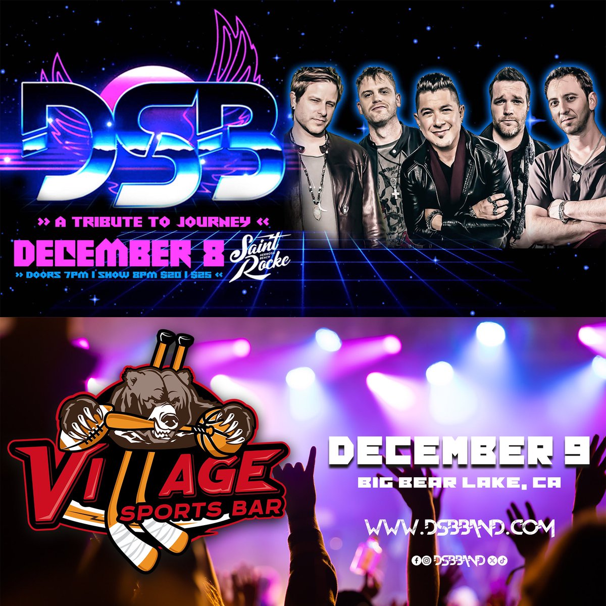 dsbband's tweet photo. 12/8 DSB is rarin’ to rock some #Journey in #HermosaBeach at @SaintRocke on Friday night! Then off to the #mountains at #BigBearLake @villagesportsbarbb on Saturday night, 12/9!? #OnlyinCalifornia #DSB14 #whoscomingwithme https://t.co/lG5sKSNS8W