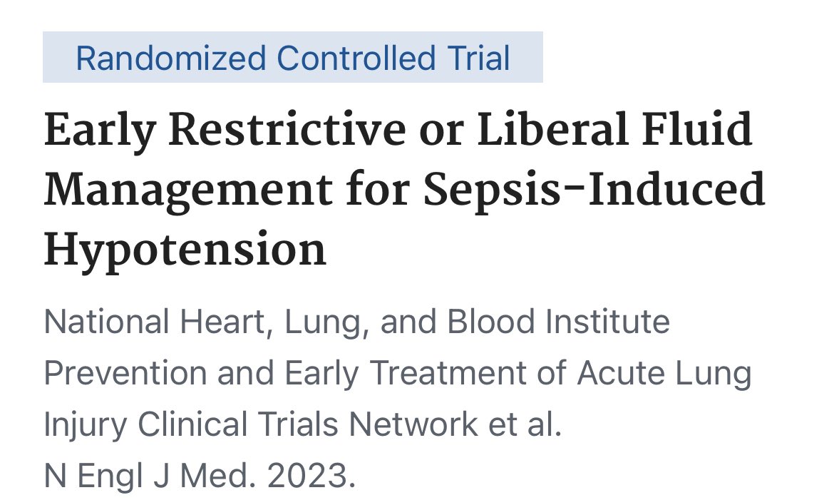 An unblinded superiority trial found no  significant difference in mortality among patients who were randomized to a restrictive fluid strategy with early vasopressors or liberal fluids for hypotension-induced sepsis.

When to use which one first???

#MedTwitter #MedEd
