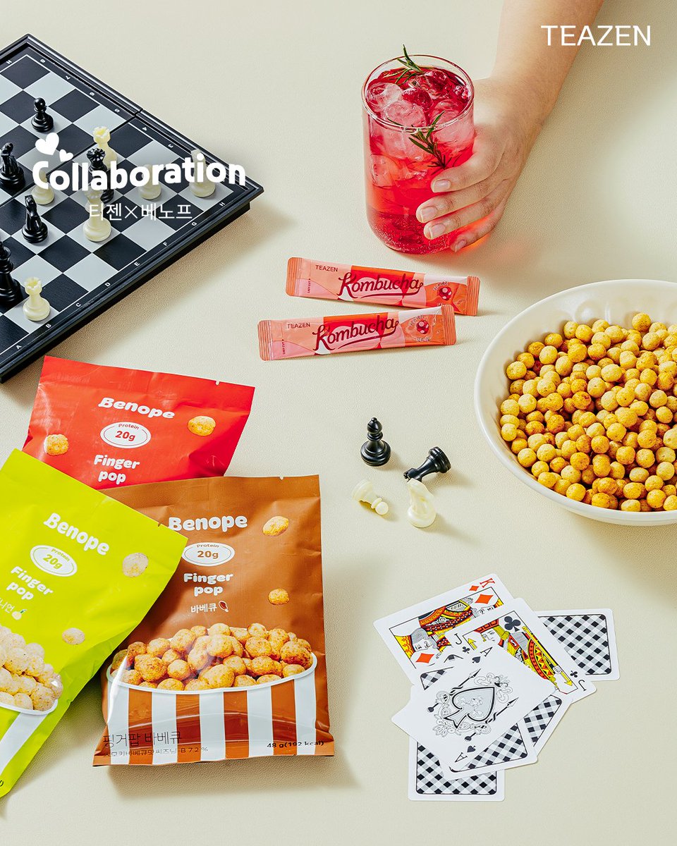 #티젠 x #베노프
⠀
믿고 먹는 두 브랜드의 건강한 맛남 !
입 심심할 때 이 조합 어때요 ?
⠀
관리 중에도 입 터짐 방지!
배부르게 다 먹어도 죄책감 제로!

탄수화물, 당류 걱정 없이 즐기는 속세의 맛..!
당류 0g #티젠콤부차 x 단백질 20g #베노프핑거팝