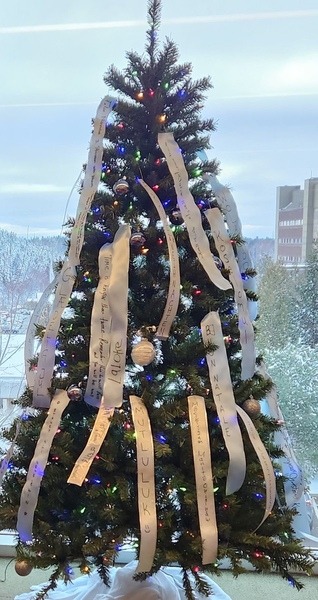 This tree at UNBSJ has holiday messages in many languages, including those spoken in #menahqesk since time immemorial. It was so great to learn from the teachings of <a href="/askomiw150/">Imelda Perley</a> as always #wolinipayimiyan #etaweywlinewelewin