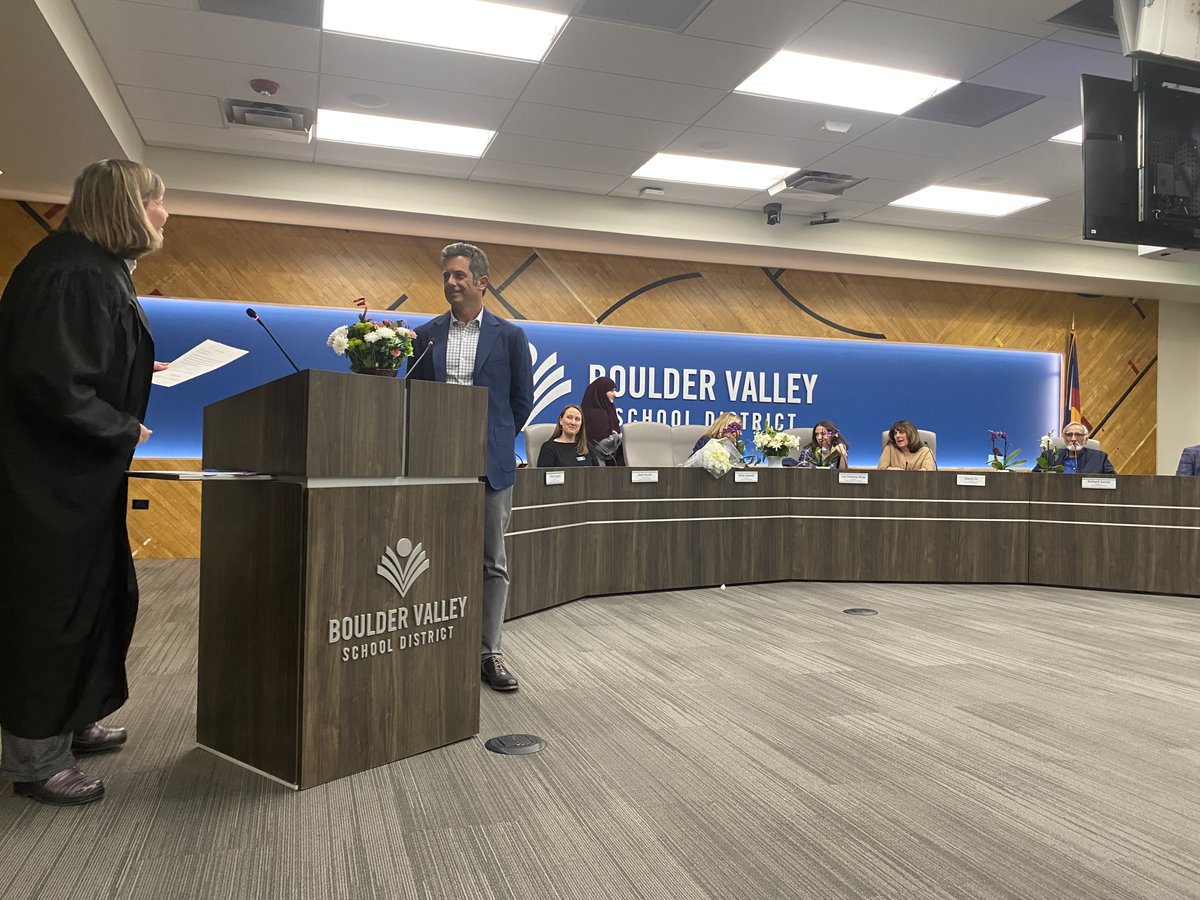 BVSDcolorado's tweet photo. Welcome to our newly elected BOE members who were sworn in this evening, Jason Unger, Alex Medler, Lalenia Quinlan Aweida, and Jorge Chávez. At the meeting Nicole Rajpal was elected as the new board president, Beth Niznik as Vice President and Alex Medler as Treasurer. #BVSD https://t.co/ivI5SjHReU