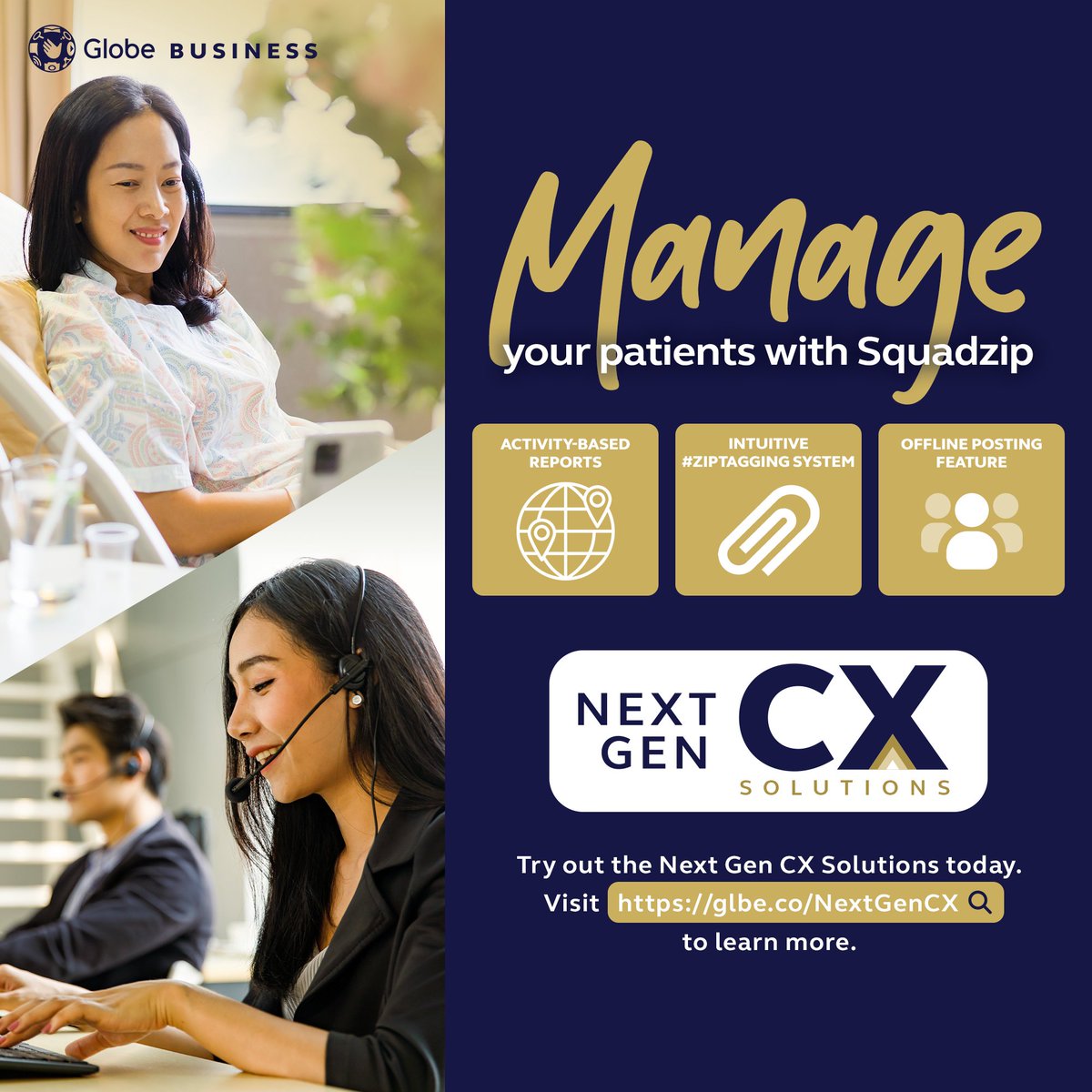 Give your patients a great healthcare experience with our #NextGenCX solution, Squadzip!

Learn more about how you can elevate patient experience through our Next Gen CX solutions. For more info, visit glbe.co/NextGenCX 

#NextGenCXSolutions #GlobeBusiness