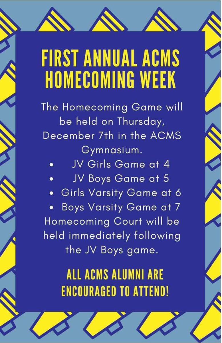 This week is Homecoming Week at ACMS. We will be having our Homecoming Game on Thursday, December 7th at the ACMS Gym against Sweetwater. We would love to have ACMS Alumni to join us at the game. Games start at 4:00pm. Admission is $6 Adults and $4 Students. Come celebrate ACMS!