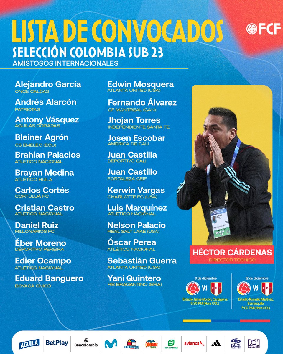 FCFSeleccionCol's tweet photo. 📝 𝑪𝒐𝒏𝒗𝒐𝒄𝒂𝒕𝒐𝒓𝒊𝒂 𝑺𝒆𝒍𝒆𝒄𝒄𝒊𝒐́𝒏 𝑪𝒐𝒍𝒐𝒎𝒃𝒊𝒂 𝑺𝒖𝒃 𝟐𝟑

Ellos son los llamados por Héctor Cárdenas para enfrentar a 🇵🇪 en amistosos de preparación con miras al Preolímpico 2024.

🔗 https://t.co/qARzQXCu45

#TodosSomosColombia 🇨🇴 https://t.co/mYrXda5xhv