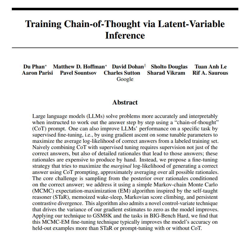 arankomatsuzaki's tweet photo. Training Chain-of-Thought via Latent-Variable Inference

Outperforms direct prompt-tuning, STaR, and rejection sampling on GSM8K

https://t.co/t5B9ul2Gvi https://t.co/0Yxvz68OQa