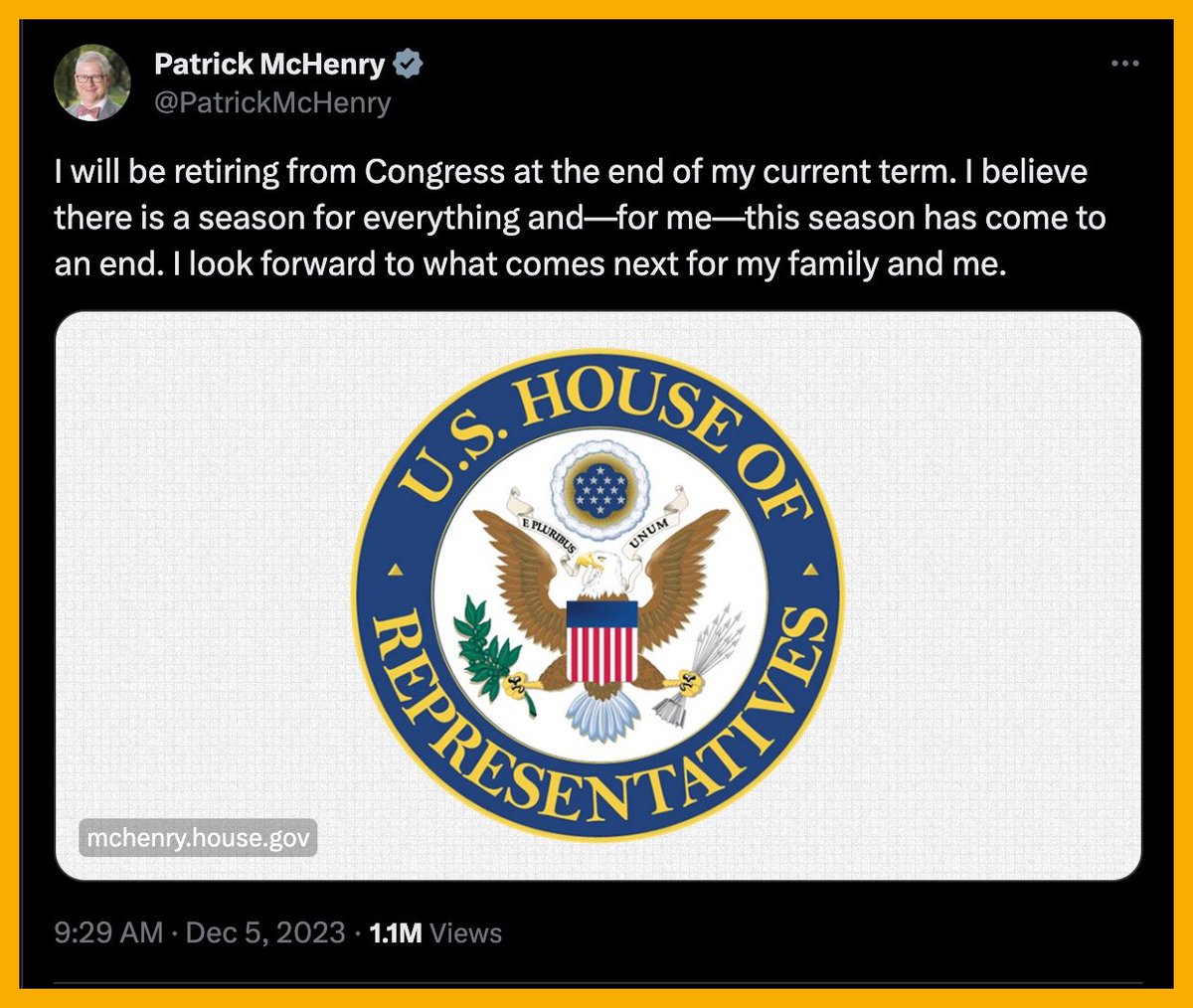 Chairman of the House Financial Services Committee 🇺🇸 Patrick McHenry will retire after completing his current term, which is in January 2025.