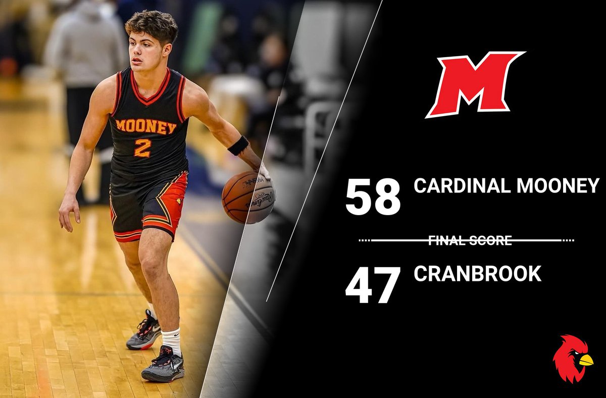 Cardinal Mooney 58 
Cranbrook 47 

Leaders:
Brian Everhart 24pts, 8 asst
Daniel Rice 13pts, 8 reb, 5 asst

Cardinals are 1-0 on the early season. 
#TrustTheSystem #MooneyHoops