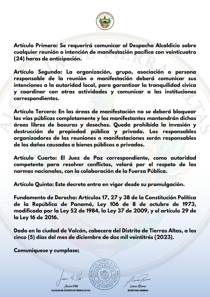 Como una iniciativa de la comunidad y la Cámara de #TierrasAltas, se aprobó hoy El Decreto Alcaldicio 015:
-Las protestas deberán comunicarse 24 hr antes
-Los organizadores son responsables si hay daños
-No podrán bloquear vías 
-El juez de paz le compete resolver los conflictos