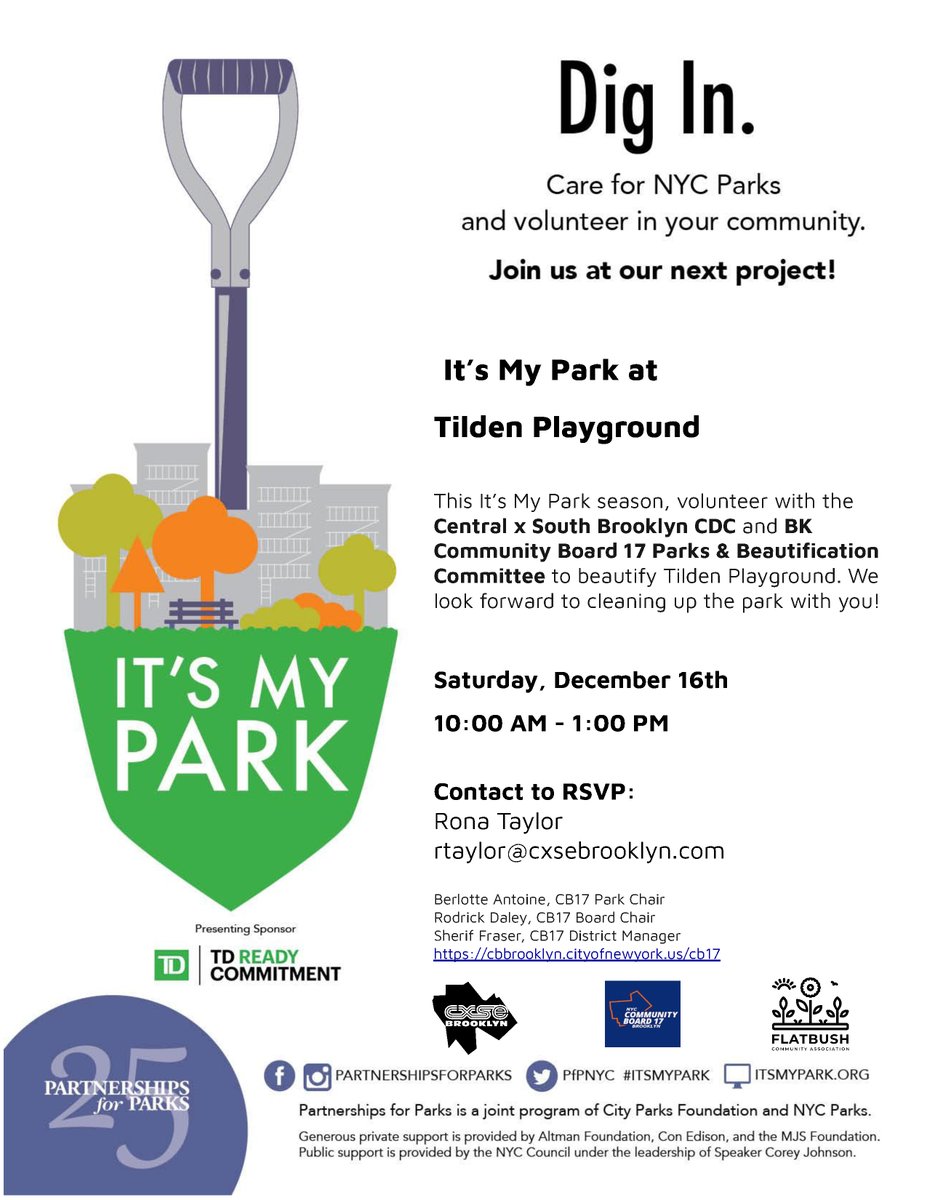 This It’s My Park season, volunteer with the Central x South Brooklyn CDC and @BKCB17 Parks & Beautiﬁcation Committee to beautify Tilden Playground. Sat, Dec 16th, 10 AM - 1 PM Signup here: linktr.ee/cxsebk