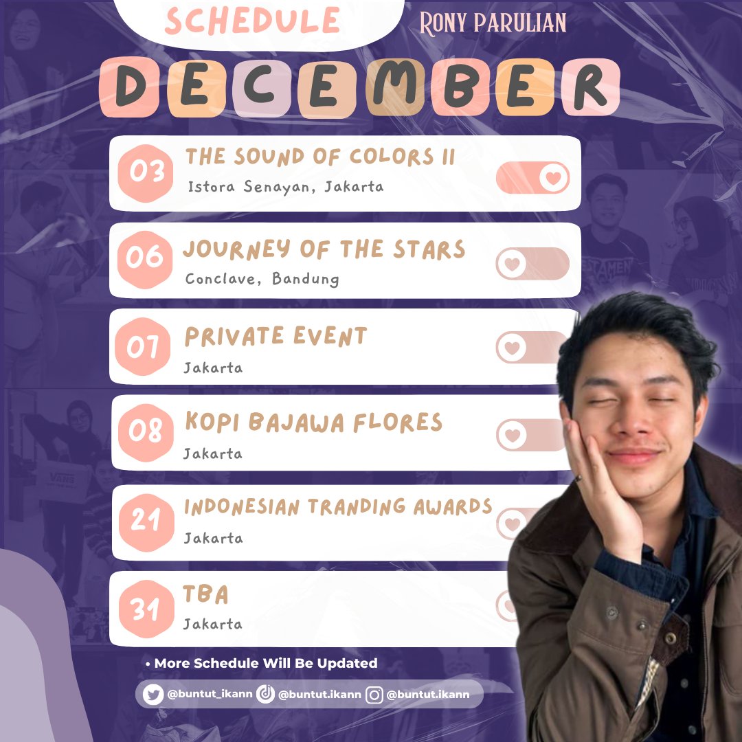 Rony Parulian's schedule on December🌙❤️

Schedule can be changed anytime and will be updated soon ✅

#RonyParulian #WeR1Official #WeR1Fanbase