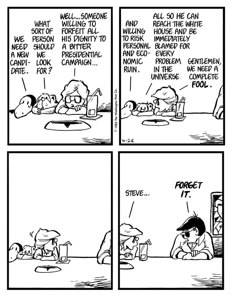 BradRTorgersen's tweet image. So far as I know, Berke Breathed is not actively sharing these to Twitter. Looks like us fans will have to do it. This one's as true 40 years later, as when it hit print. Note that even Steve Dallas is smart enough to not want the job. #BloomCounty