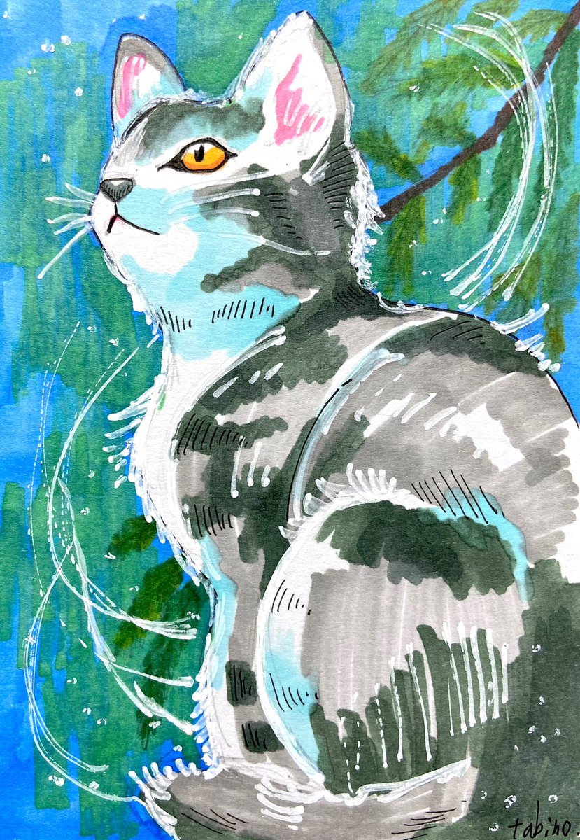 「『緑の中見上げる』猫イラスト。L判サイズ。ネットショップに追加しました。 #猫イ」|tabino.のイラスト