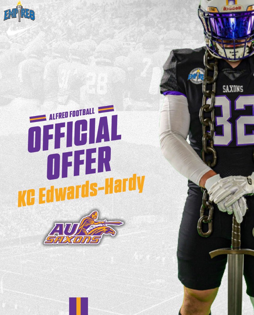 Kc Edwards-Hardy (@kcedwardshardy2) on Twitter photo I am blessed to receive my first offer from such a great organization! Thank you you to all my coaches and the <a href="/AUSaxonFootball/">Alfred U Football</a> staff.
<a href="/Coach_Rankl/">Bob Rankl</a> <a href="/AUSaxons/">Alfred University Saxons</a> <a href="/CoachMilesAU/">Hunter Miles</a> <a href="/c40williams/">Casey Williams</a> <a href="/Coach_EWerner/">Erik Werner</a> <a href="/ALGatorsFB/">Allegany-Limestone Football</a> I am blessed to receive my first offer from such a great organization! Thank you you to all my coaches and the <a href="/AUSaxonFootball/">Alfred U Football</a> staff.
<a href="/Coach_Rankl/">Bob Rankl</a> <a href="/AUSaxons/">Alfred University Saxons</a> <a href="/CoachMilesAU/">Hunter Miles</a> <a href="/c40williams/">Casey Williams</a> <a href="/Coach_EWerner/">Erik Werner</a> <a href="/ALGatorsFB/">Allegany-Limestone Football</a>