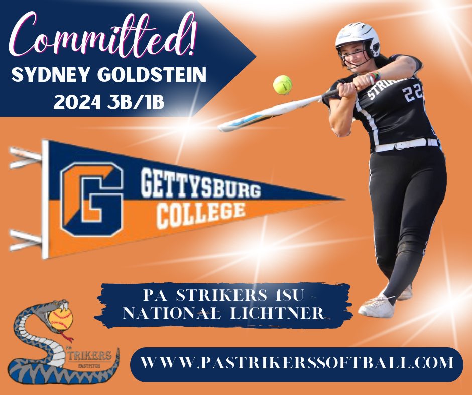 vanquishfp18u's tweet photo. PA STRIKERS COMMITMENT ALERT!  Congratulations to our PA Strikers 18U National Lichtner player #22 Sydney Goldstein (2024 3B/1B) on her commitment to continue her softball and academic career at Gettysburg College! We are so proud of you! @SGoldstein2024 https://t.co/3ihV83rMjg