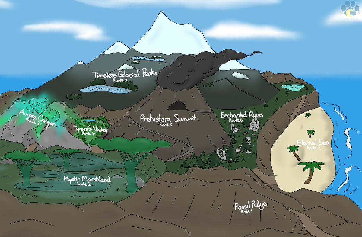 I have decided to commit to trying to make a prehistoric Fakemon region, and here is the map for the region Prehistora!! #pokemon #pokemonart #fakemon #fakemonregion #fakemonart #pokemonartist #furry